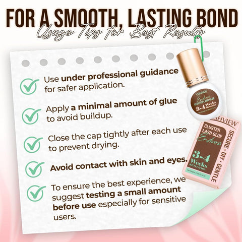 Usage instructions for Beast Mode Strong Hold Lash Cluster Glue For Up To 4 Weeks with 5ml bottle illustration.