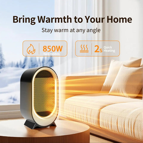 Hot In 2 Seconds 850W PTC Ceramic Space Heater on table in living room, warming up quickly, ideal for small spaces