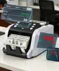 VEVOR High Speed Money Counter Machine For Dollars And Euros 1200 Bills Per Min displaying cash and digital readouts on a desk.