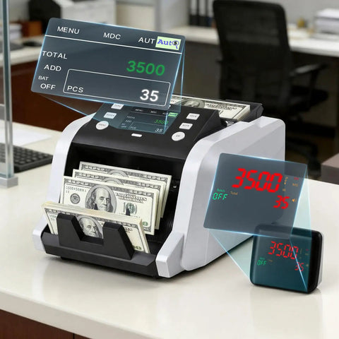 VEVOR High Speed Money Counter Machine For Dollars And Euros 1200 Bills Per Min displaying cash and digital readouts on a desk.