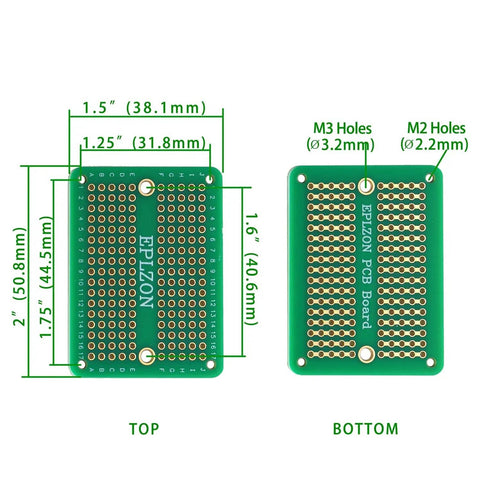 Dimensions of Handy Prototyping Solderable Breadboard Kit, Green Gold Plated PCB Boards, 2x1.5 inches, for DIY Electronics.