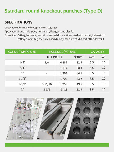 Specifications table for 8 Ton Hydraulic Knockout Punch Tool Kit With 6 Dies One Half Inch To Two Inch for Steel and Stainless Conduits