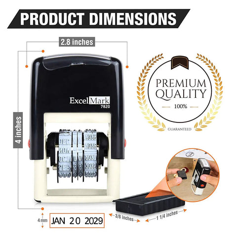 Built Tough Self Inking Date Stamp For Shipping And Expiration Tags Black Ink With Spin Bands, shown from front with dimensions.