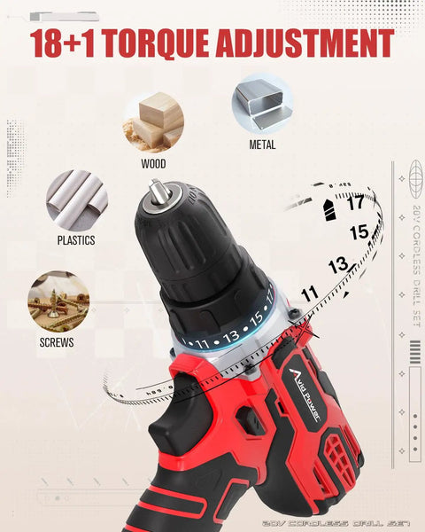 18+1 torque adjustment on 20V Max Cordless Drill Kit With Battery And Charger, Variable Speed 19-Position Clutch
