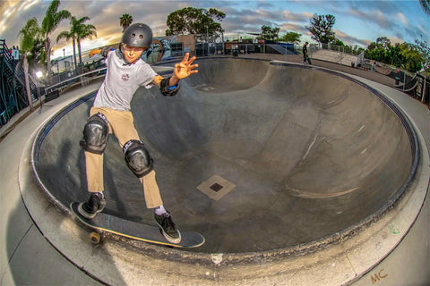 Skateboarder wearing Certified Sweatsaver helmet for skateboarding BMX roller derby high impact EPS foam dual density comfort padding
