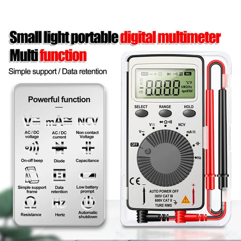 Auto Ranging Digital Multimeter With NCV Contact Tester Handy Pocket Size with display and probes visible, for electrical use.