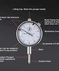 Front view of a dial bore gauge with chrome stem; 2-6 in range, 0.001 in increments, contact point visible.