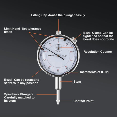 Front view of a dial bore gauge with chrome stem; 2-6 in range, 0.001 in increments, contact point visible.