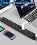 Rotating Mountable Power Strip With 12 Outlets And Wall Mount Heavy Duty Metal Surge Protector 125V 15A 1875W 6 Foot Cord Mounting Hardware Included Best For Home Office Studio Setup Or Entertainment Center used on desk with laptop and phone