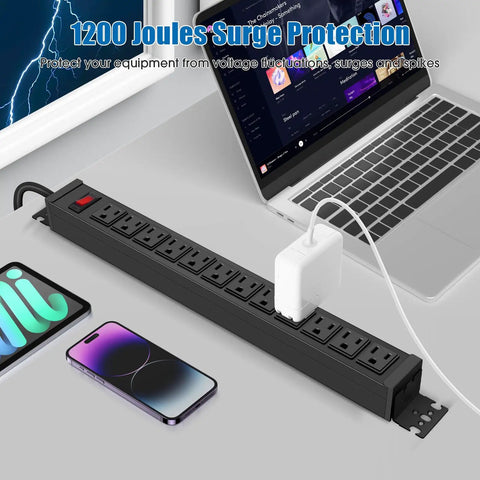 Rotating Mountable Power Strip With 12 Outlets And Wall Mount Heavy Duty Metal Surge Protector 125V 15A 1875W 6 Foot Cord Mounting Hardware Included Best For Home Office Studio Setup Or Entertainment Center used on desk with laptop and phone