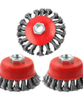 Wire wheel brush set, red 3-pack for angle grinders, 4-inch, 5/8-inch arbor, carbon steel wires