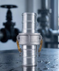 Heavy Duty Six Inch Female Cam Lock Coupling Machined From Rugged Aluminum Alloy With Quick Release Design, showcased in a workshop setting.