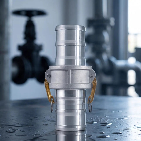 Heavy Duty Six Inch Female Cam Lock Coupling Machined From Rugged Aluminum Alloy With Quick Release Design, showcased in a workshop setting.