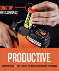 Universal Short Yellow Trim Fuel Cells For Cordless Finish And Brad Nailers With Adapter Heads Lubricating Oil Base Runs Slick And Delivers Serious Power Nonstop Pack Of Six being installed in a cordless nailer.