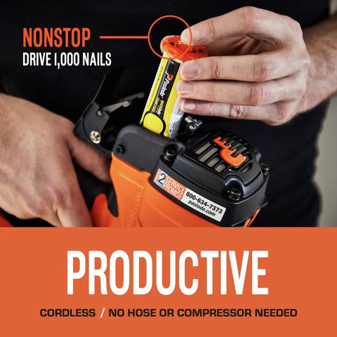 Universal Short Yellow Trim Fuel Cells For Cordless Finish And Brad Nailers With Adapter Heads Lubricating Oil Base Runs Slick And Delivers Serious Power Nonstop Pack Of Six being installed in a cordless nailer.