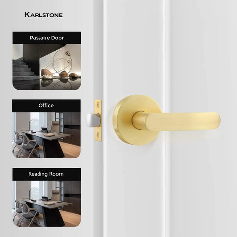 Heavy Duty Gold Door Knob And Lever Set, 6 Pack, Keyless Passage Door Hardware With Reversible 45 Degree Handle, Satin Brass Finish