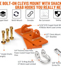 Tractor Bucket Hooks Bolt On Clevis Mount With Half Inch Shackle And Five Sixteenth Inch Grab Hooks WLL 4700 Lbs Forged G70 Steel On Laser Cut Backer Plate Beefy Heavy Duty Tow Hook For SUV RV UTV Tractors Orange display components