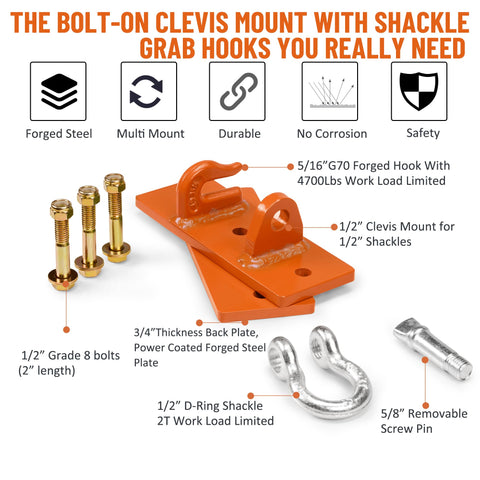 Tractor Bucket Hooks Bolt On Clevis Mount With Half Inch Shackle And Five Sixteenth Inch Grab Hooks WLL 4700 Lbs Forged G70 Steel On Laser Cut Backer Plate Beefy Heavy Duty Tow Hook For SUV RV UTV Tractors Orange display components