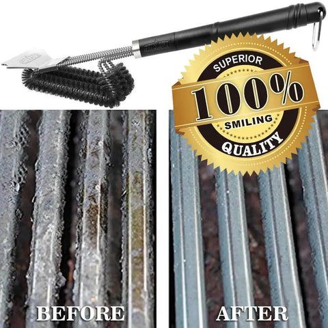 Grill Boss Heavy Duty 18 Inch Stainless Steel Grill Brush And Scraper With 3 In 1 Bristles showing before and after grate cleaning