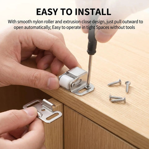 Two Pack Mailbox Latch Replacement Kit installation on wooden cabinet with roller catch and screws for secure closure