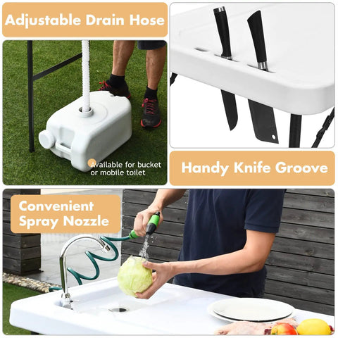 Portable Outdoor Fish Cleaning Table With Sink And Sprayer, drain hose, knife groove, spray nozzle, lightweight design