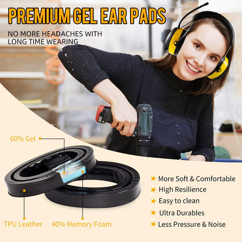 AM FM Radio Headphones With Digital Display Gel Ear Pads And Noise Reduction Earmuffs shown with woman using drill