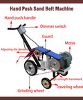 Beefy Hand Push Sand Belt Grinder With Slick Polish Finish 4Kw Motor showing handle, guards, grinding wheel, and motor components.