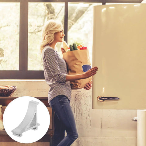Aluminum Freezer Shelf Clips Must Have Ten Pack Easy To Install Cooler Shelf Braces and woman opening refrigerator