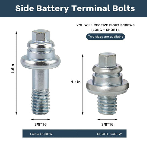 Eight Pack Side Post Battery Terminal Bolts Kit, Three Eighths Inch Short and Long Stud Adapters, shown with dimensions.