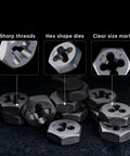 Pro Grade 39 Piece SAE Tap And Die Set With Dual Layer Storage Case showing sharp threads and hex shape dies.