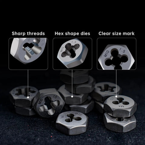 Hex shape dies from Professional 39 Piece Metric Tap And Die Set With Double Layer Storage Case For Internal And External Threads Including M3 To M12 And One Eighth Npt Pipe Tap Coverage A Complete Threading Tool Kit For Mechanics
