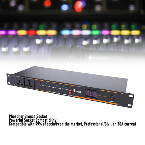 Heavy Duty 10 Outlet Power Sequencer Conditioner With Bright Digital Display and Steady Sequential Power Cycling, rack-mounted with USB.