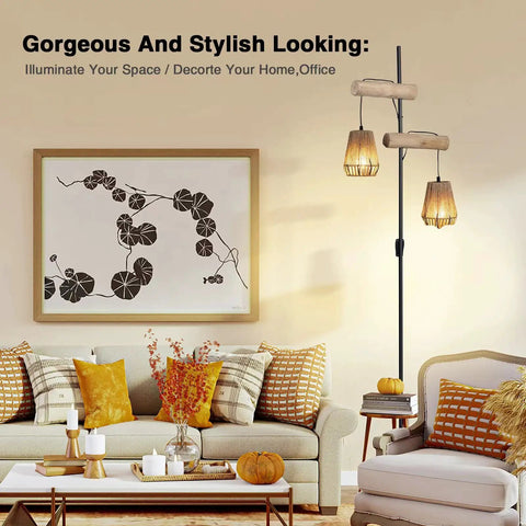 68-inch two light rattan floor lamp with independent control switch rustic farmhouse tall standing lamp in cozy living room setting