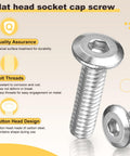 Flat head socket cap screw with overview of quality, bolt threads, and button head design on yellow background.