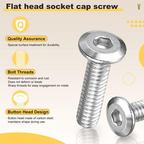 Flat head socket cap screw with overview of quality, bolt threads, and button head design on yellow background.