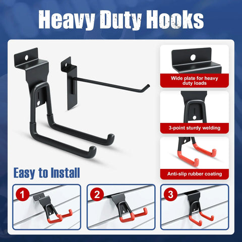 Close-up of heavy-duty U-hook from 25 Piece Slat Wall Storage Kit With 3 Baskets And 22 Hooks, featuring wide plate and anti-slip coating.