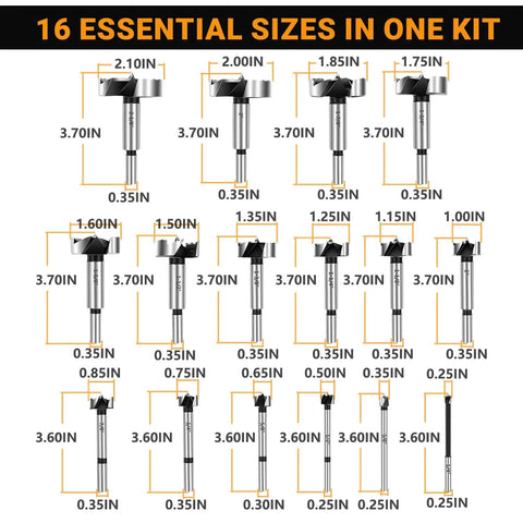 Top Shelf Forstner Bit Set With Sixteen Heavy Duty Wood Drill Bits Cutting Perfect Flat Bottom Holes On Plywood And Softwood For Cabinet Making And Garage Shop Builds Straight Up No Sweat Performance, showing 16 drill bit sizes in one kit.