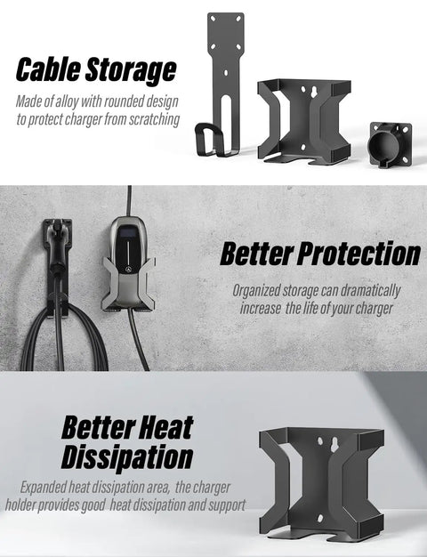 No Sweat Heavy Duty Wall Mount J Hook Stand For J1772 EV Chargers showing alloy cable holder with tidy design and heat dissipation features.