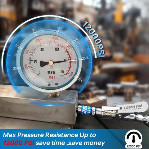 Upgraded 0.53 Inch Grease Gun Coupler Kit With Locking And Leakproof 12000 PSI Tip Set showing pressure gauge at 12000 PSI