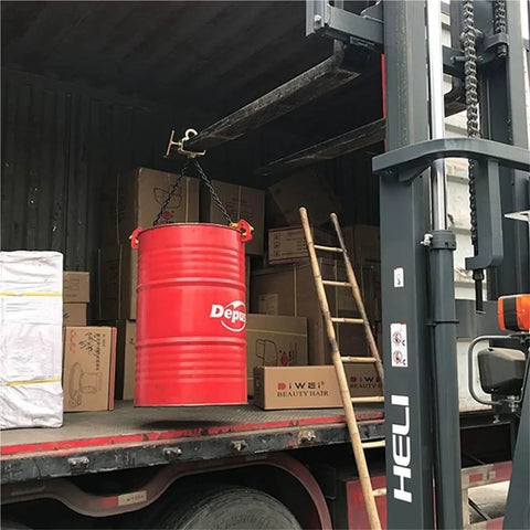 Heavy Duty 2200 Lbs Vertical Drum Lifter With Double Chains For Metal Barrels, strong alloy steel hoist lifting a red drum in a truck.