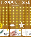 160 LED Star Curtain Lights For Bedroom And Nursery, 118 x 78.7 inch warm white fairy string lights, size and features diagram.