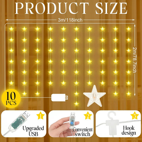 160 LED Star Curtain Lights For Bedroom And Nursery, 118 x 78.7 inch warm white fairy string lights, size and features diagram.