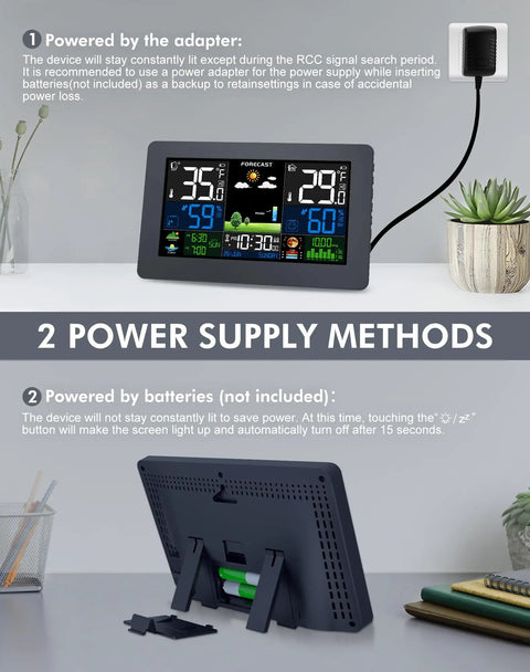 Indoor Outdoor Weather Station With Wireless Thermometer And Remote Sensor, Large 7.5 Inch HD Display, Home Weather Station With Forecast, Atomic Clock, Barometric Pressure And Moon Phase shown on a shelf.
