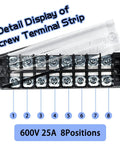 Detail view of a 600V 25A terminal block from 4 Sets 8-Position 600V 25A Terminal Blocks With Cover, Dual Row Ground Bus Bar Wire Screw Terminal Kit, Easy Wiring, Clean Install, Pre Insulated Terminal Strips WW004-2508 showing numbered sections.