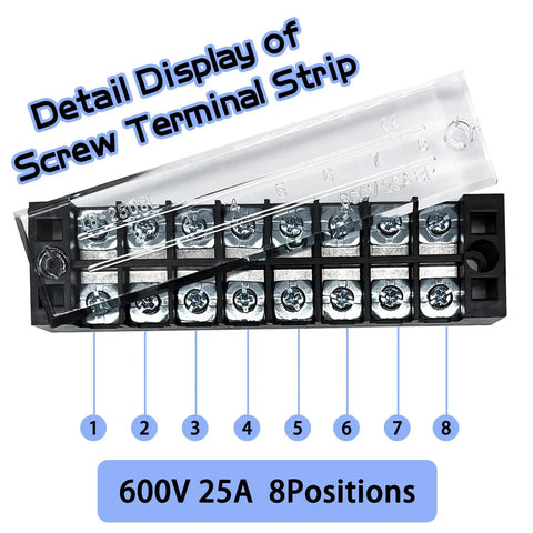 Detail view of a 600V 25A terminal block from 4 Sets 8-Position 600V 25A Terminal Blocks With Cover, Dual Row Ground Bus Bar Wire Screw Terminal Kit, Easy Wiring, Clean Install, Pre Insulated Terminal Strips WW004-2508 showing numbered sections.