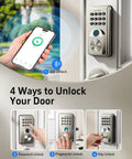Fingerprint Door Lock Keyless Entry Smart Lock Deadbolt With Electronic Keypad App Control Auto Lock No Drilling Required Easy DIY Friendly Install For Front Door Satin Nickel, showing app control illustration.