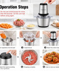 Homeasy Electric Food Chopper operation steps with 2L stainless steel bowl and fresh ingredients for quick meal prep.