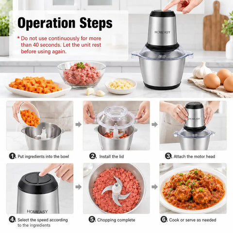 Homeasy Electric Food Chopper operation steps with 2L stainless steel bowl and fresh ingredients for quick meal prep.
