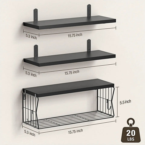 Heavy Duty Floating Bathroom Shelves Wall Mounted Set Of Three With Slick Black Finish For Over Toilet Storage and dimensions 15.75 x 5.3 inch.