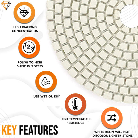Pro Grade 3 Step Diamond Polishing Pads For Wet Or Dry Use 4 Inch White Resin Hook And Loop Backing high diamond concentration